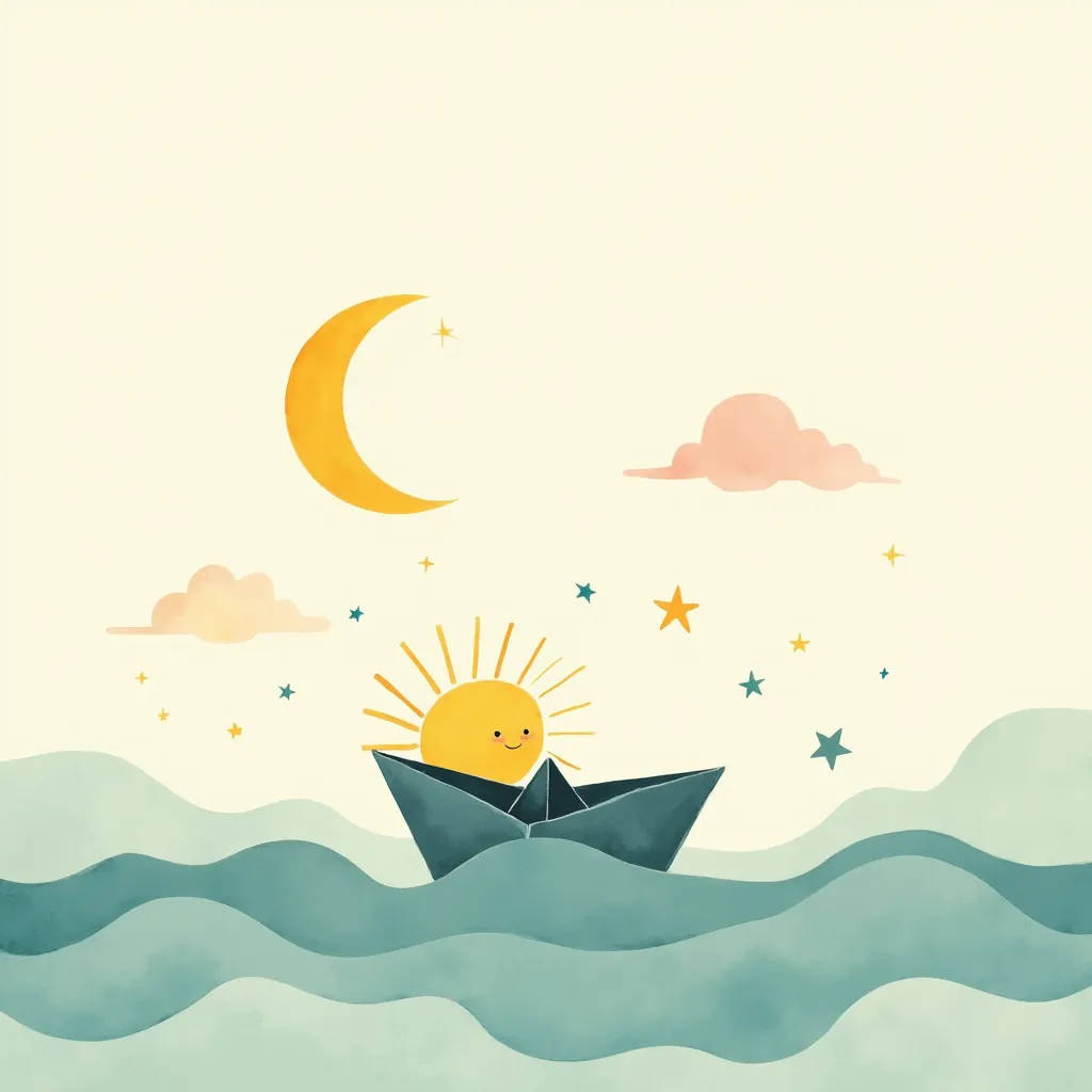 Ein Papierboot mit einer kleinen Sonne fährt unter Mond und Sternen über sanfte Wellen
